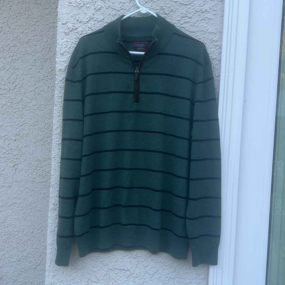 UNTUCKit Men's Green Blue Stripe Merino Wool 1/4 Zip Sweater Size XL